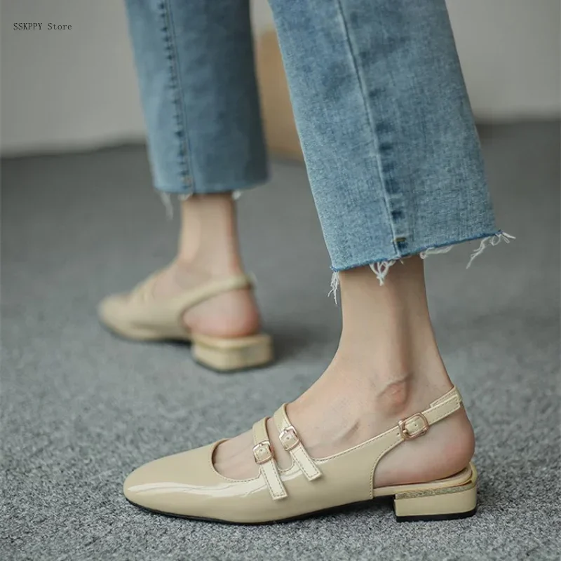 Summer Shoes Low Heel Sandals Square Toe Leather Mary Jane High Heels Ladies Double Buckle Comfortable and Elegant Sandals