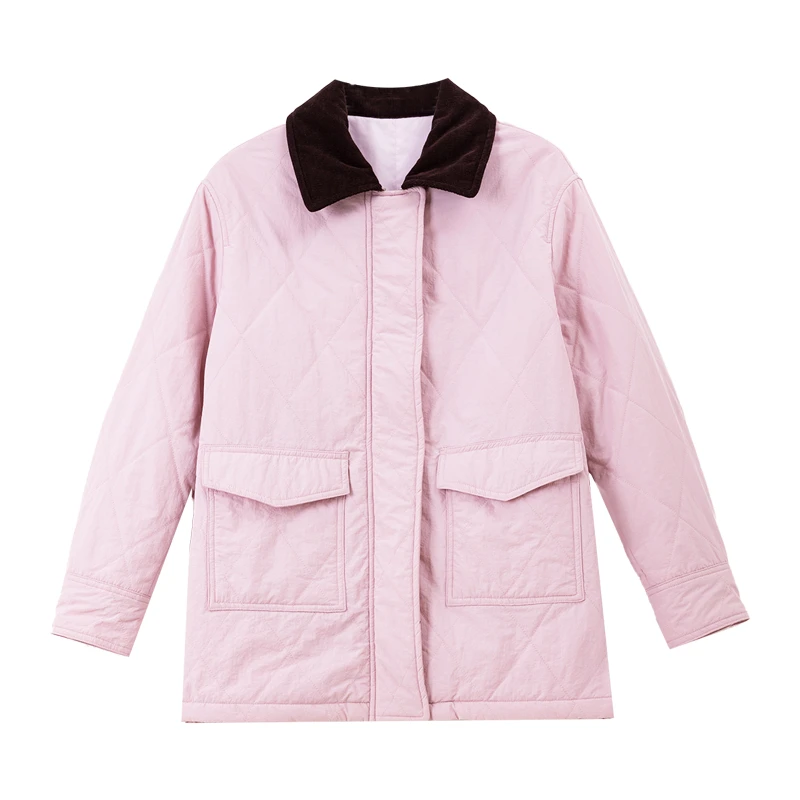 VIMLY موضة أبلى للنساء 2025 التلبيب طوق التباين اللون مبطن سميكة سترة فضفاضة تناسب المرأة الشتاء سترة A3776