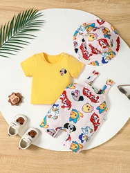 Cute Three-Piece Baby Boy Solid Color Short-Sleeved T-Shirt Cartoon Animal Print Suspenders Romper Hat Summer Outdoor Suit Thin