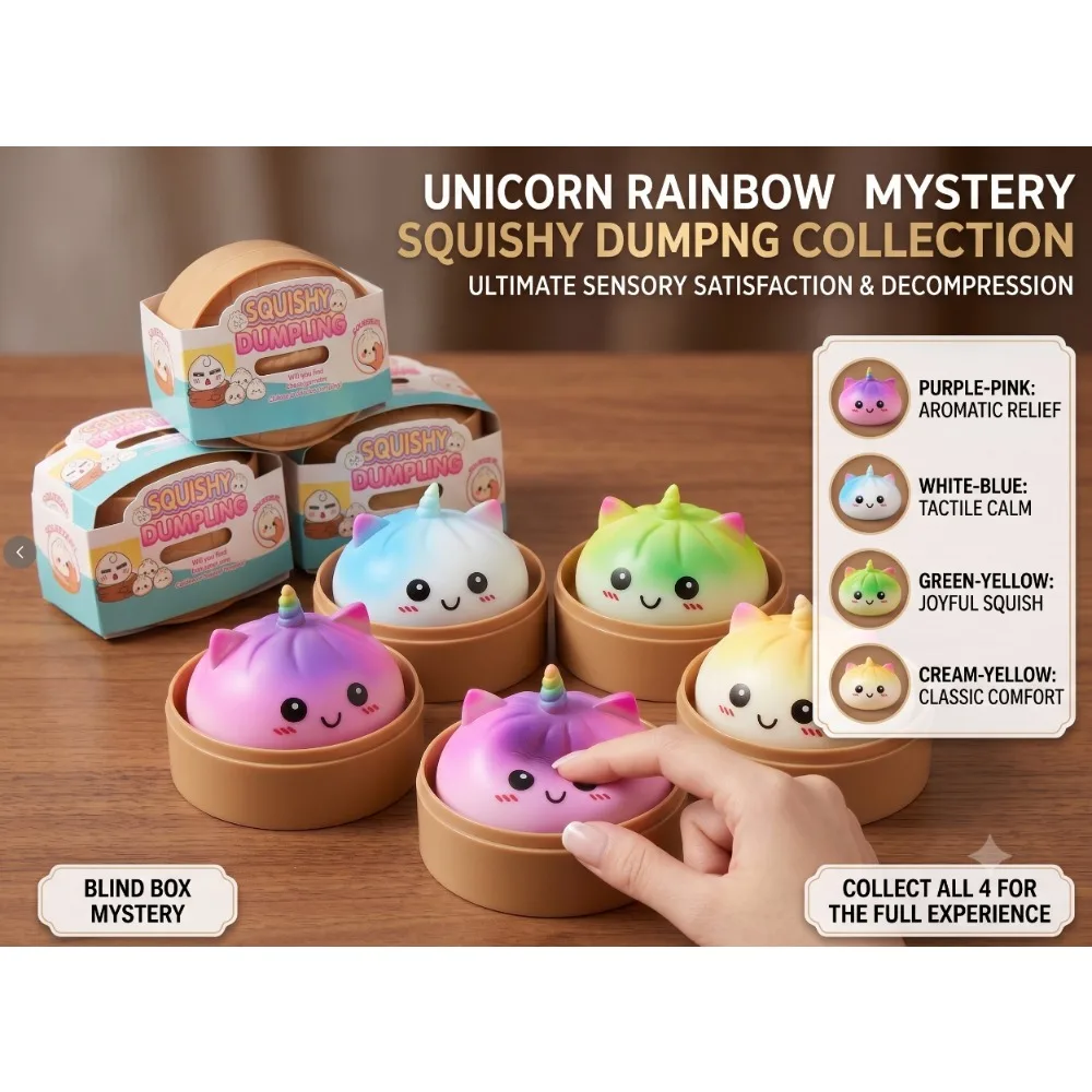 -/-New Viral Large Rainbow Unicorn Bun Squishy Toy, Blind Box, Simulated Soup Dumpling Vent Fidget Toy for Sensory Stress Relief