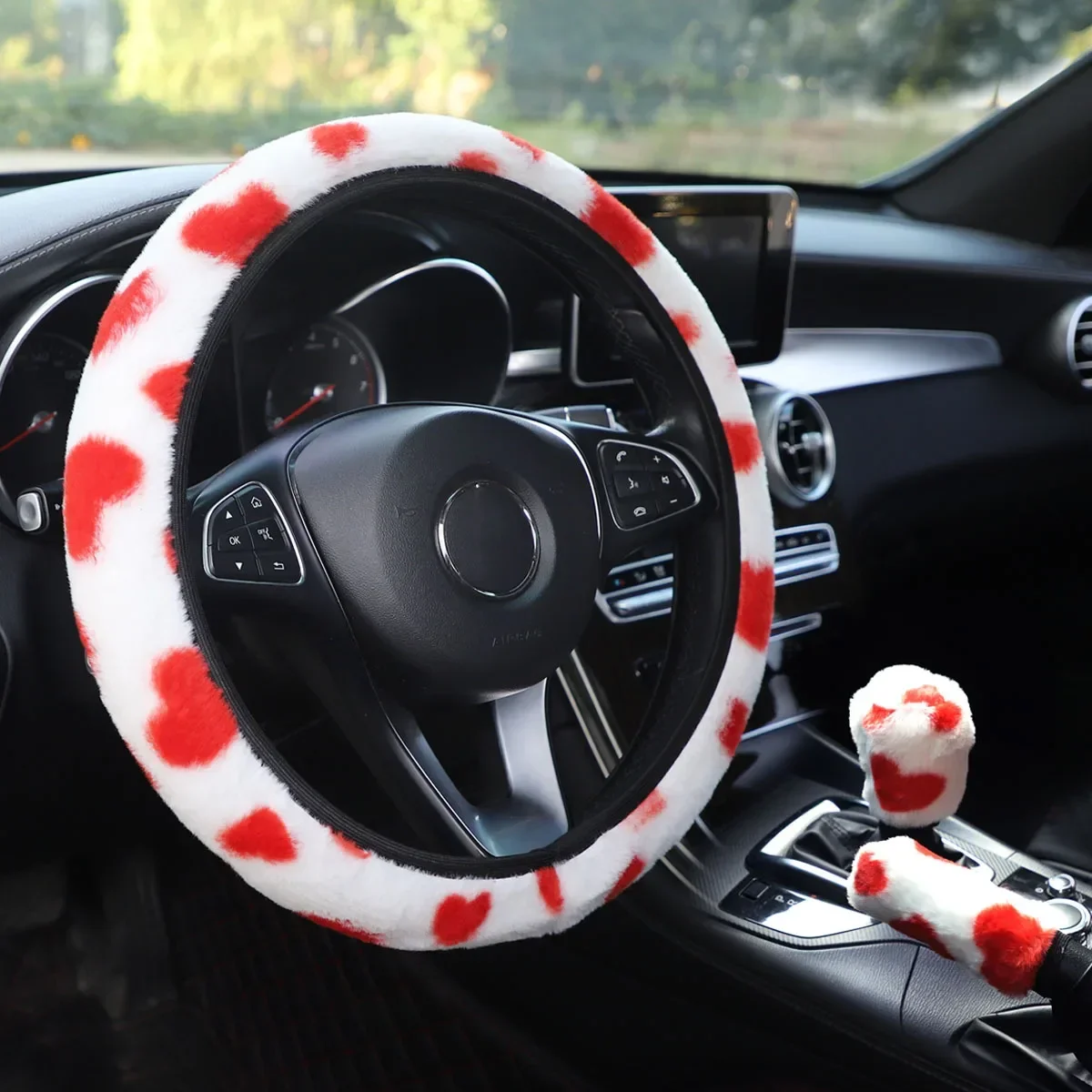 3/1Pcs Soft Plush Steering Wheel Cover Kit with Stop Lever+Hand Brake Wool Winter Warm Auto Car Interior Accessories 37-38cm