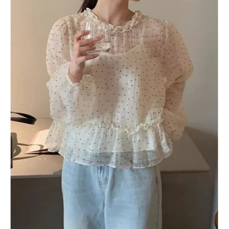 2026 Spring and Summer Korean Micro-transparent Polka Dot Shirt Vest Set French Women's Top