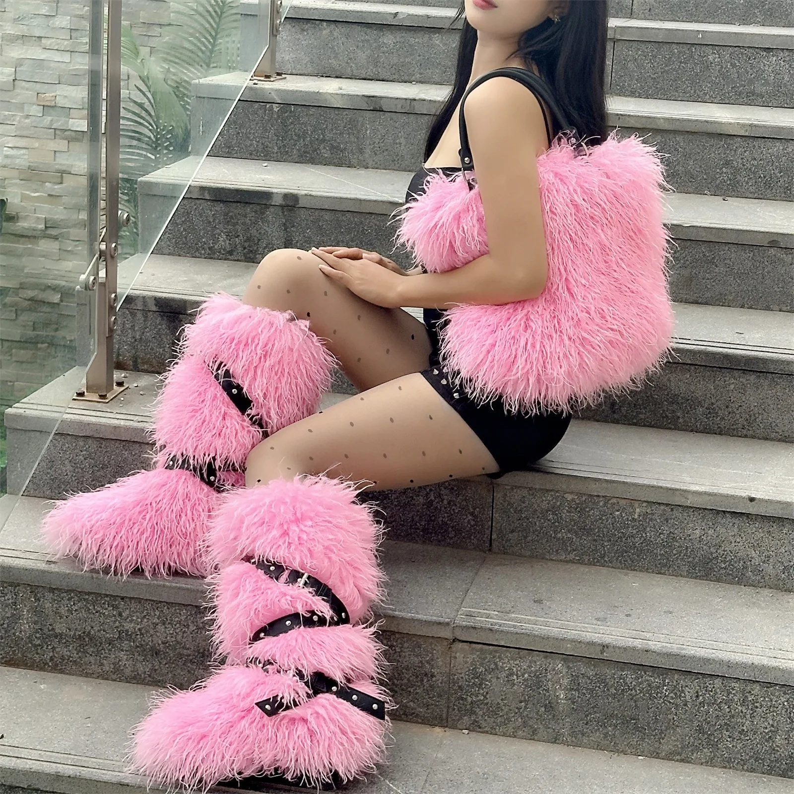 New Cross-border Faux Sheep Fur Set, Women Handbag Tote Bag & Flat Belt Furry Snow Boots, Winter Plush Outfit
