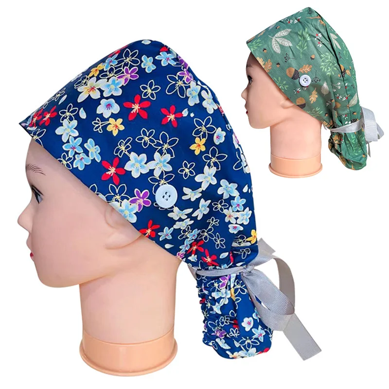 

Women Long Hair Surgical Cap Adjustable Cotton Printing Working Hat Ponytail Holder Tie Back Hats Beauty Care Hospital Nurse Cap