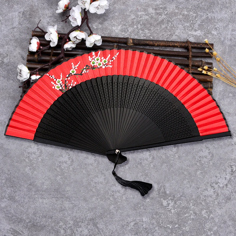 Chinese Style Flower Plant Patterns Folding Fans Vintage Pendant Tassels Hollow Out Dance Hand Held Fans Performance Props