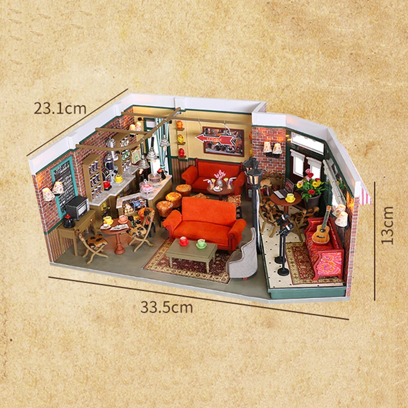 DIY Houten Vrienden New York Cafe Cottage Poppenhuizen Miniatuur Model Kits Poppenhuis met Meubels voor Meisjes Verjaardagscadeaus