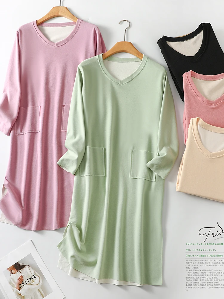 Thickened Fleece Lined V-Neck Home Dress Women's Winter Sleepwear plus Size Loose Long Knee-Length Robe Self-Heating