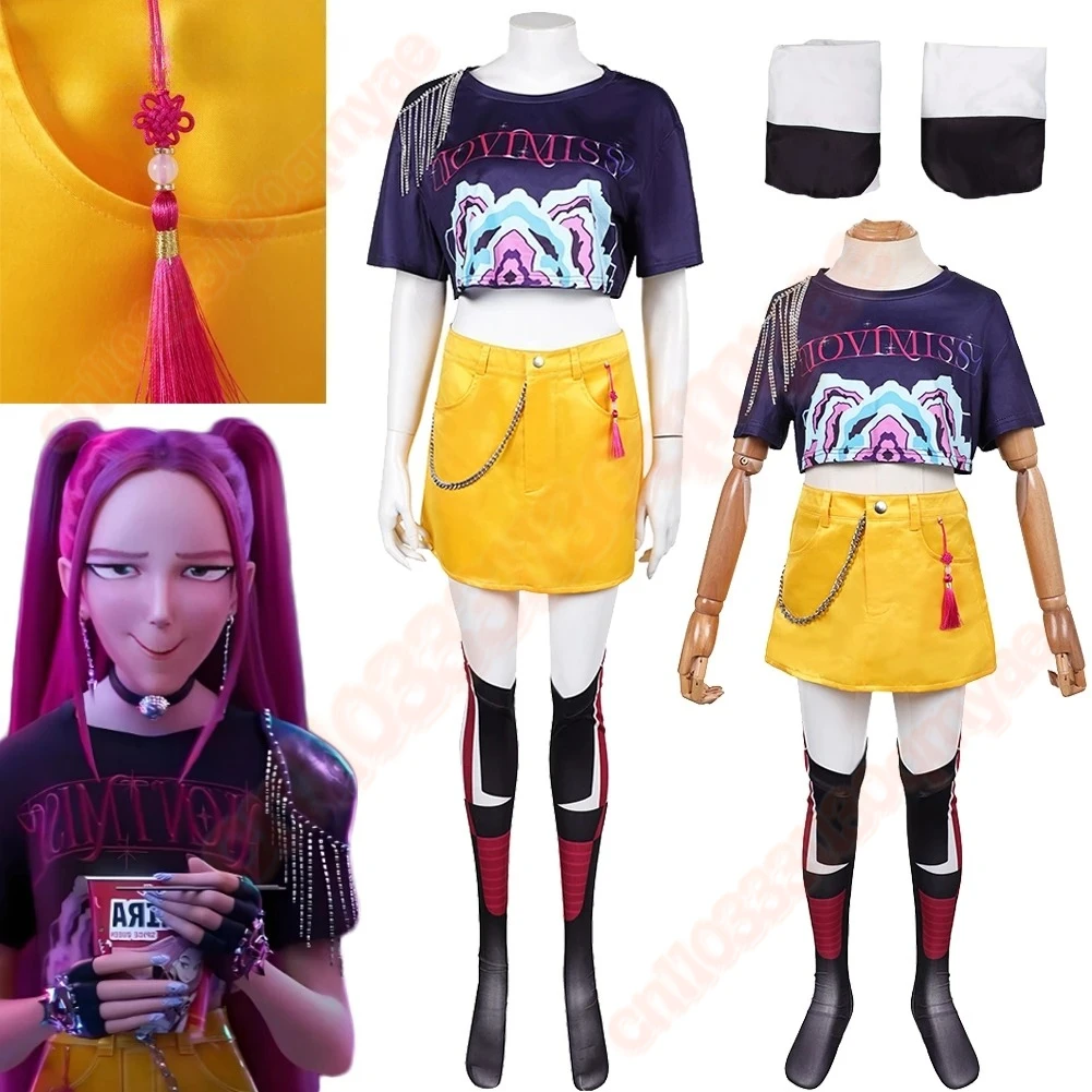 

Adult Kids Mira Demon Hunter of KPop Cosplay Costume T-shirt Skirt Socks Clothing Set Women Girls Halloween Roleplay Outfits