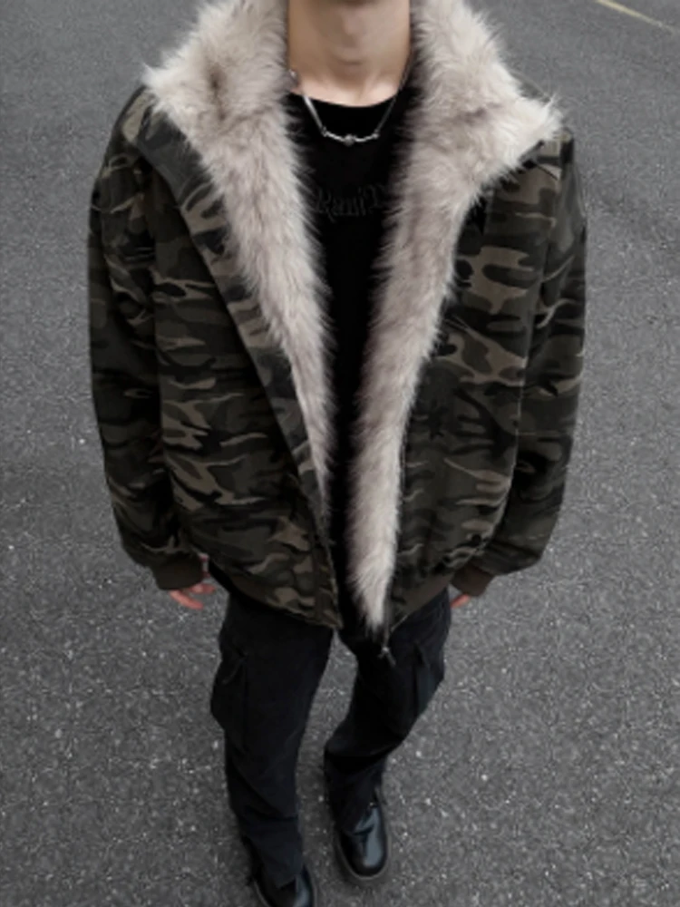 

Мужская зимняя утепленная куртка в американском ретро-стиле с камуфляжным принтом, хлопковая, с воротником-стойкой и меховым воротником