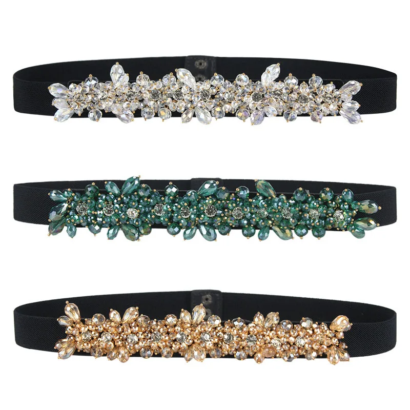 Luxe Vrouwen Elastische Riem Nieuwe Groene Steen Decoratieve Jurk Met Crystal Ingelegd Jas Modieuze Jurk Collocatie