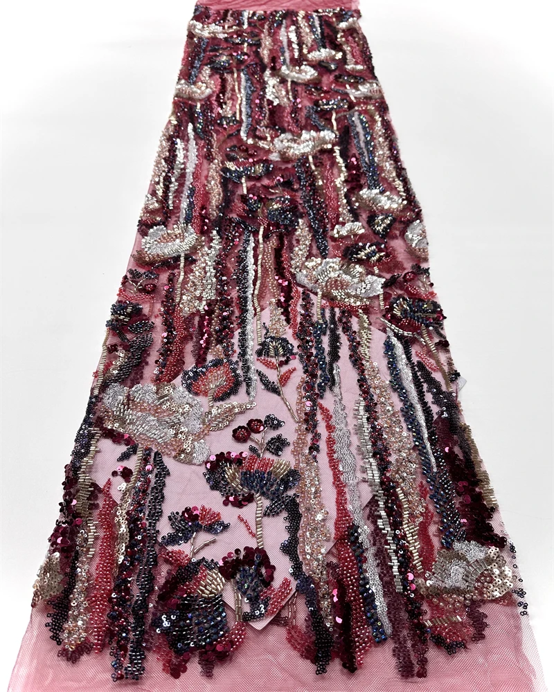 

Luxury French Handmade Sequin Lace Beaded Fabric for Wedding Dress Sewing Material African Nigerian Style