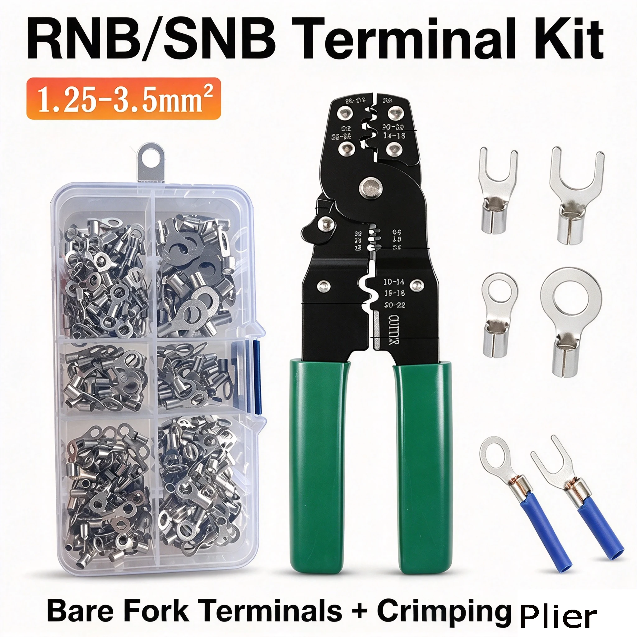 HS-202D Crimping Pliers Kit, 380pcs RNB SNB Non-Insulated OT UT Ring Spade Terminals,Wire Stripper Cutter Crimper Tool