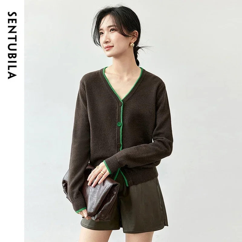 SENTUBILA Spliced Knitted Cardigan for Women 2024 Autumn V Neck Single Breasted Long Sleeve Top Odzież damska W43H55871