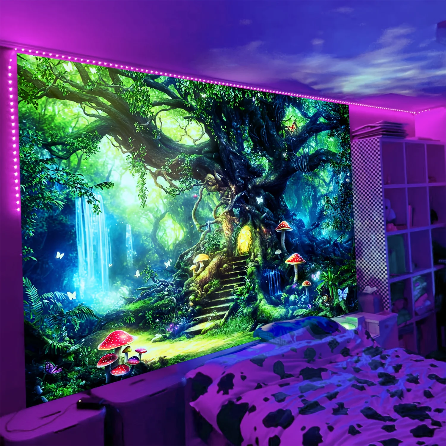 VIKAMA Enchanted Forest Tapestry Tree Hollow Steps Mushroom Children's Room Magic Corner Theme Homestay Immersive Room Decor