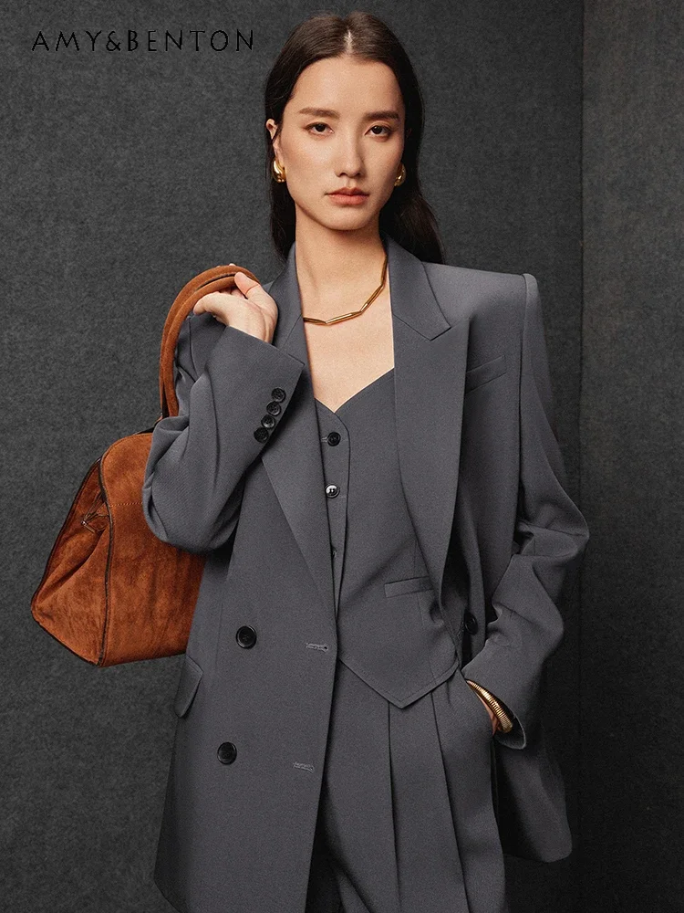 

Commute Style Business Suit 2024 Spring Autumn New High-Grade Casual Coat Slim Vest Wide-Leg Pants Office Lady Three-Piece Set