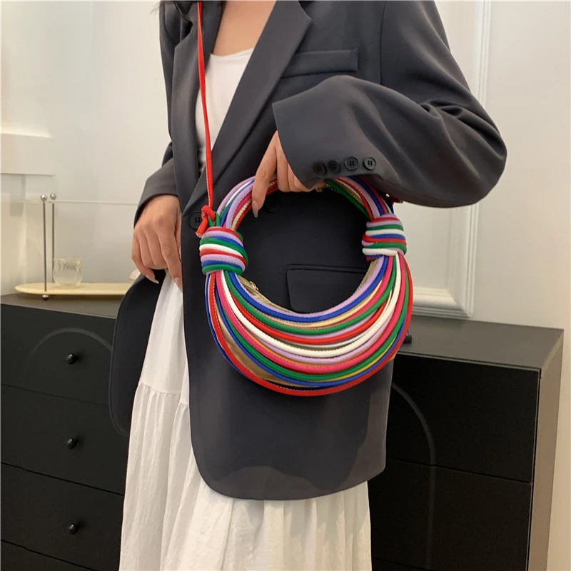 Colorful Handbag For Women 2024 Designer Noodle Woven Bags Fashion Rope Knitting Shoulder Bag Gold Silver Evening Clutch Bag Sac