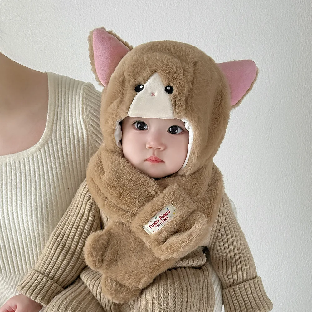 

Winter Baby Hats Lovely Dog Accessories Kids Boys Girls Ear Protection Caps Thicken Soft Warm Children Hat Scarf Set
