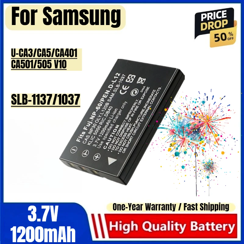 

SLB-1137 1037 Battery 3.7V 1200mAh Rechargeable Batteries and Chargers for Samsung U-CA3/CA5/CA401 CA501/505 V10 Camera Battery