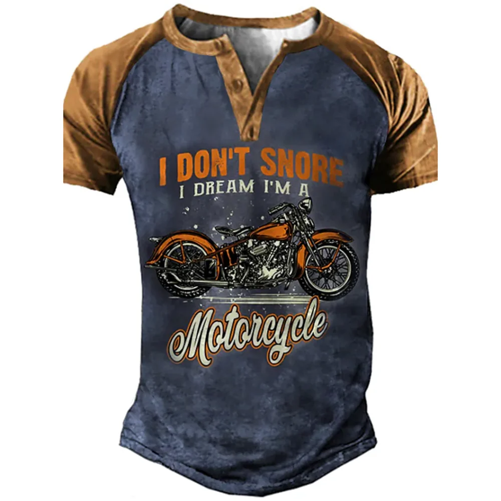 Vintage Henley Shirts Motorcycle 3D Printed Men\'s Fashion Streetwear Oversized Short Sleeve T-Shirts Men Tees Tops Clothing