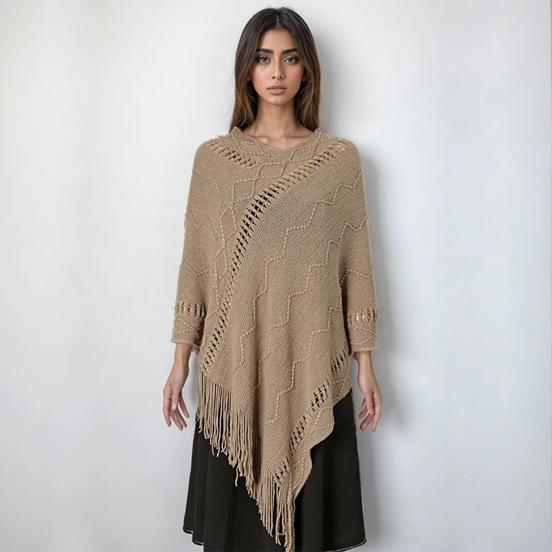 New Hollow Knitted Cloak Tassel Shawl Fashionable Striped Wave Solid Color Pullover Shawl Women Autumn Warm Sweater Coat