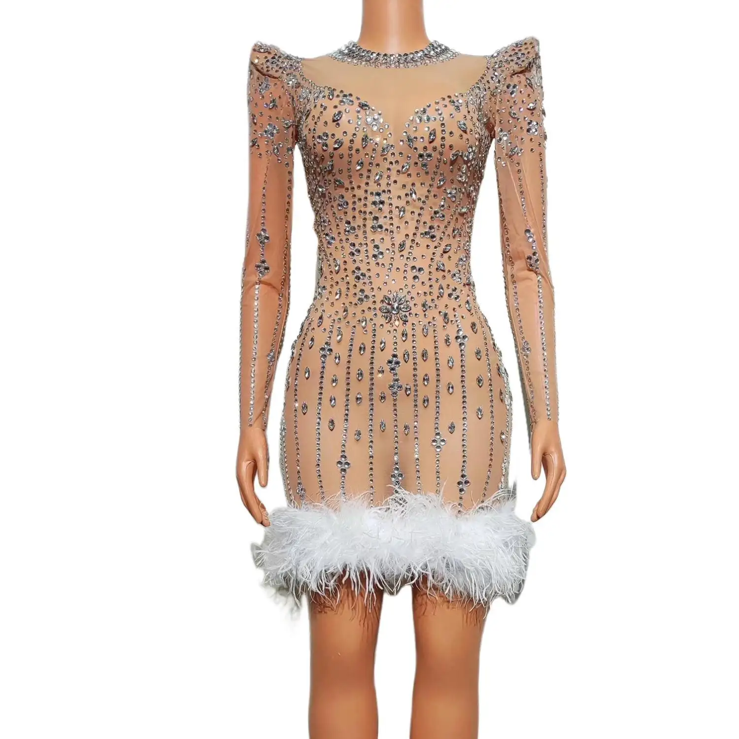 

Silver Crystals Sexy Mesh Dress Prom Evening Sexy Transparent Rhinestones Costume Birthday Party Feather Mini Dresses Jingqu