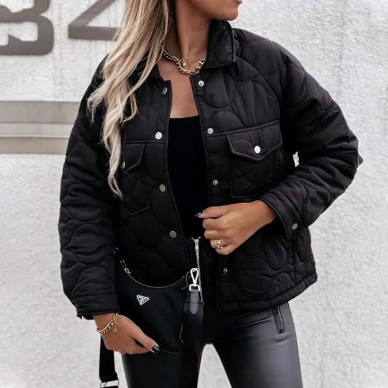 2024 Autumn and Winter New Casual Women's Style Long-sleeved Lapel Single-breasted Button Decoration Cotton-padded Jacket Women