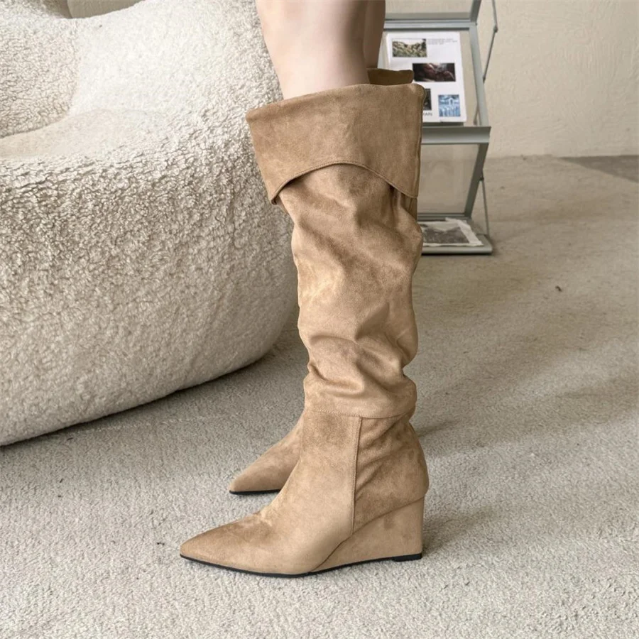 Women Knee High Boots Turn Down Cuff Pointed Toe Wedge Heel Boots Faux Suede Tall Boots Vintage Western Autumn Winter Shoes 2026