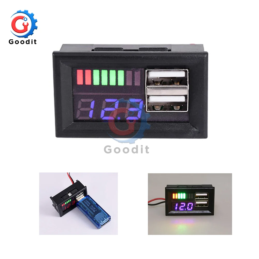 

LED DC 12V Dual USB Port Digital Voltmeter 4S Lithium-iron Phosphate Lead Acid Tester for Mobile Phone Adapter USB Output