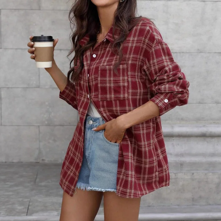 Damen Vintage Rotes Kariertes Flanellhemd, Übergroße Langarm-Bluse mit Knöpfen, Lässiges Alltags-Herbst-Oberteil