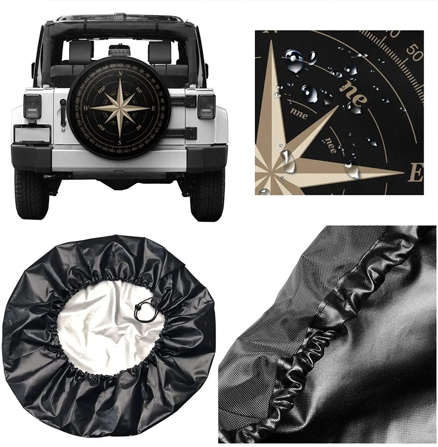 Compass Rose Black Spare Tire Cover UV Sun Wheel Covers Fit for Trailer, RV, SUV and Many Vehicle 15 Inch