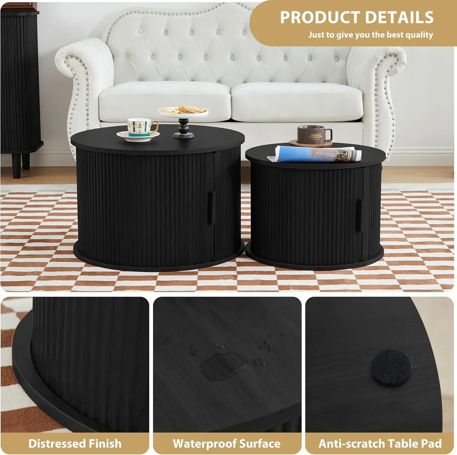 Modern Round Coffee Table Set of 2 with Storage Compartment and Sliding Door, Side End Accent Table for Living Room