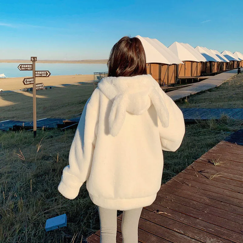 Thicke Rabbit Ears Cute Lambswool Jacket Women's Outwear Autumn Winter New Loose Plus Velvet Warm Soft Waxy Furry Cotton Jacket