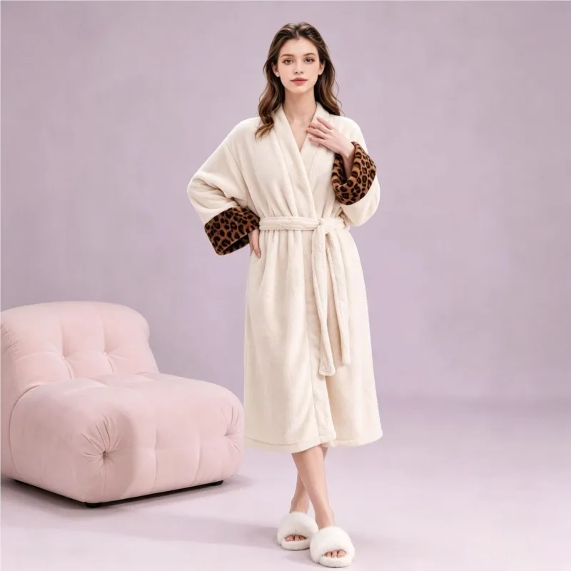 New winter ladies thickened coral fleece thickened lace-up bathrobes contrasting leopard print bathrobes women's robe pajamas