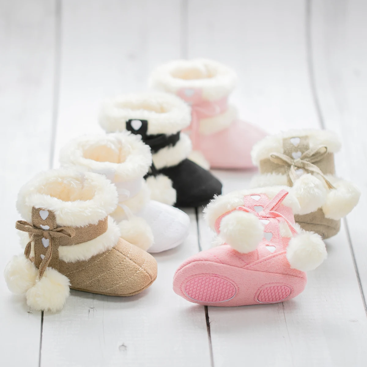 2019 Winter Snow Colors bowknot Warm Fluff Ball Indoor Soft Rubber Sole 0-2 Years Newborn Toddler Baby Shoes First Walkers Boot