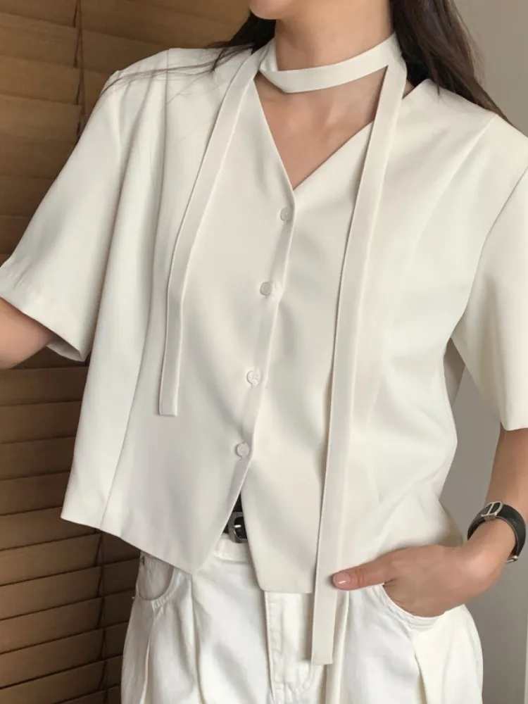 

Chic Vintage V-Ne Belted Single-Button Loose Casual Versatile ort Sve Suit Jaet Women's ort Outerwear