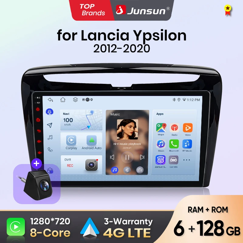 Autoradio Android Auto Junsun pour Lancia Ypsilon 2012 2013 2014 2015 2016 2017 2018-2020, système intelligent multimédia sans fil Apple CarPlay, écran tactile IPS, lecteur vidéo stéréo, autoradio 2 Din, navigation BT GPS 4G WIFI FM AM DSP RDS SWC