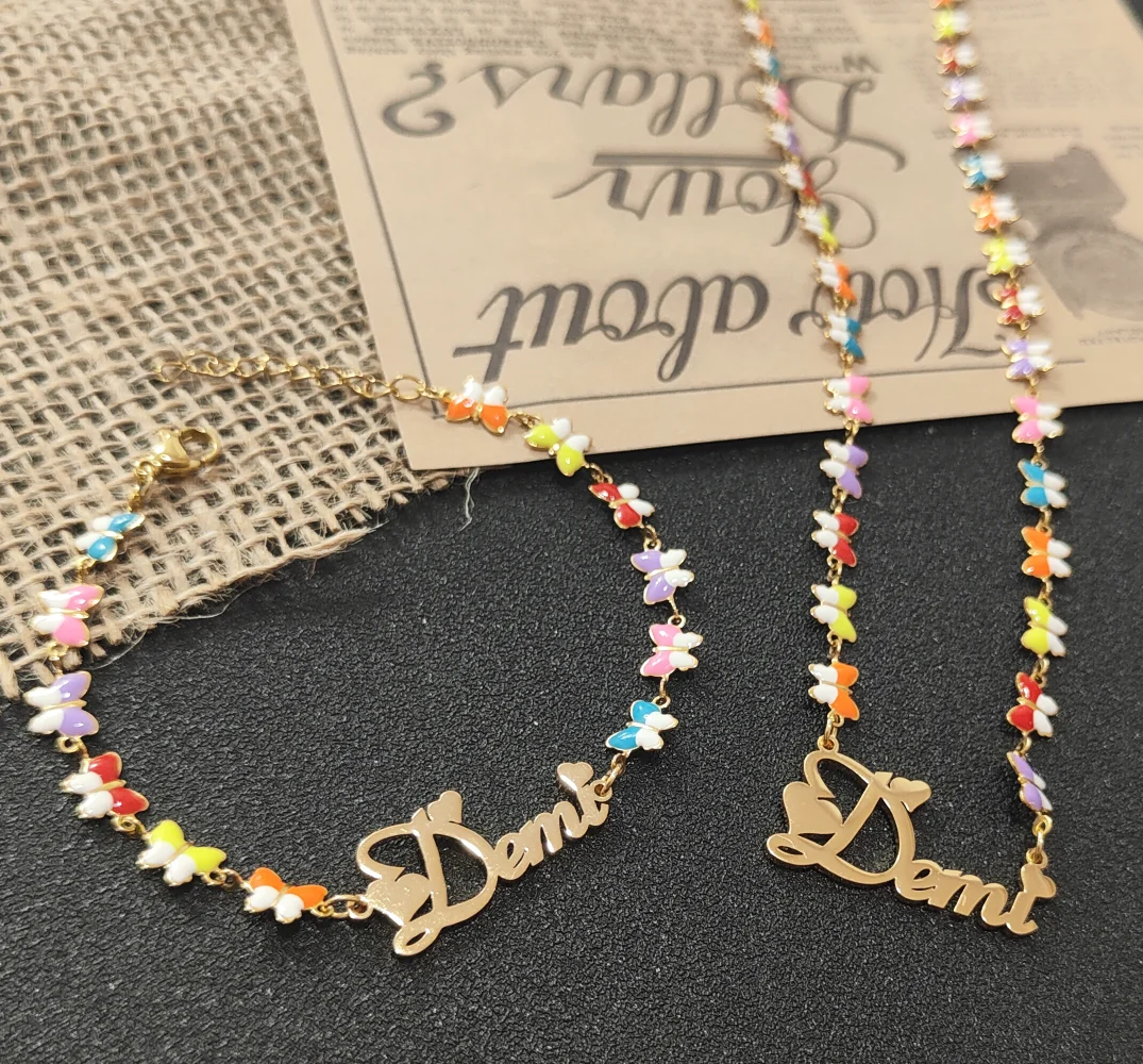 Customized Butterfly Heart Name Necklace Stainless Steel Heart Bracelet Jewelry Set with Various Enamel Inscriptions Necklace