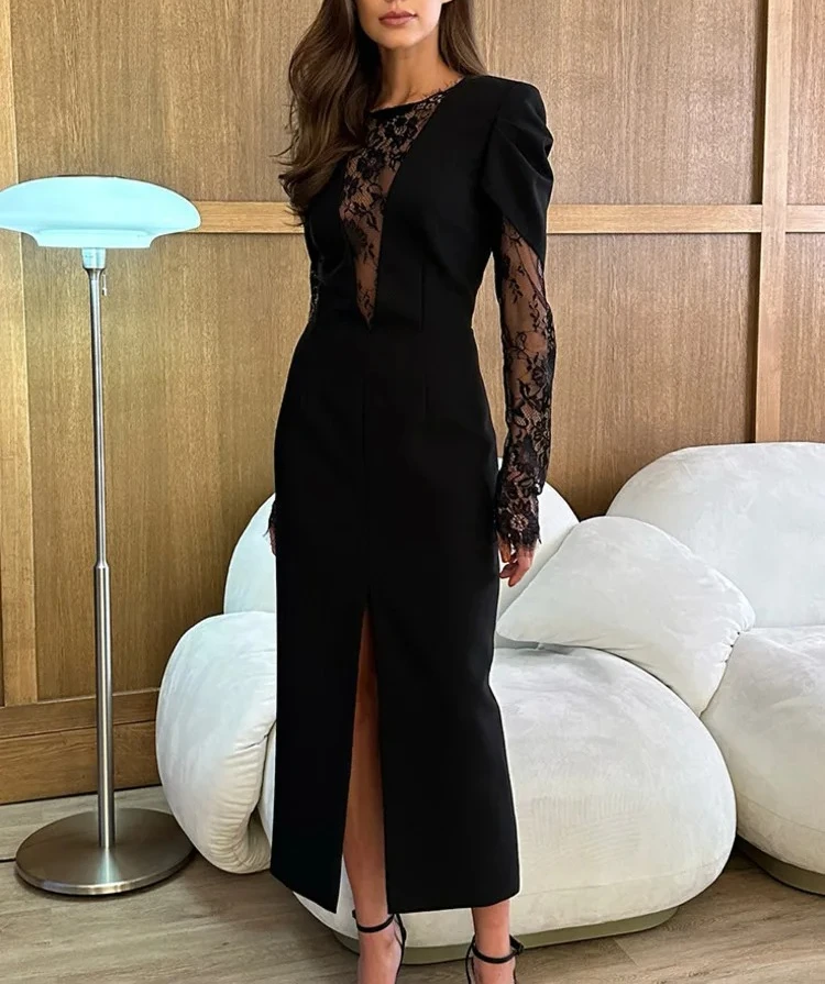 여성 우아한 O넥 긴팔 시스루 바디콘 드레스 이브닝 파티 베스티도 하이 슬릿 레이스 패치워크 맥시 드레스