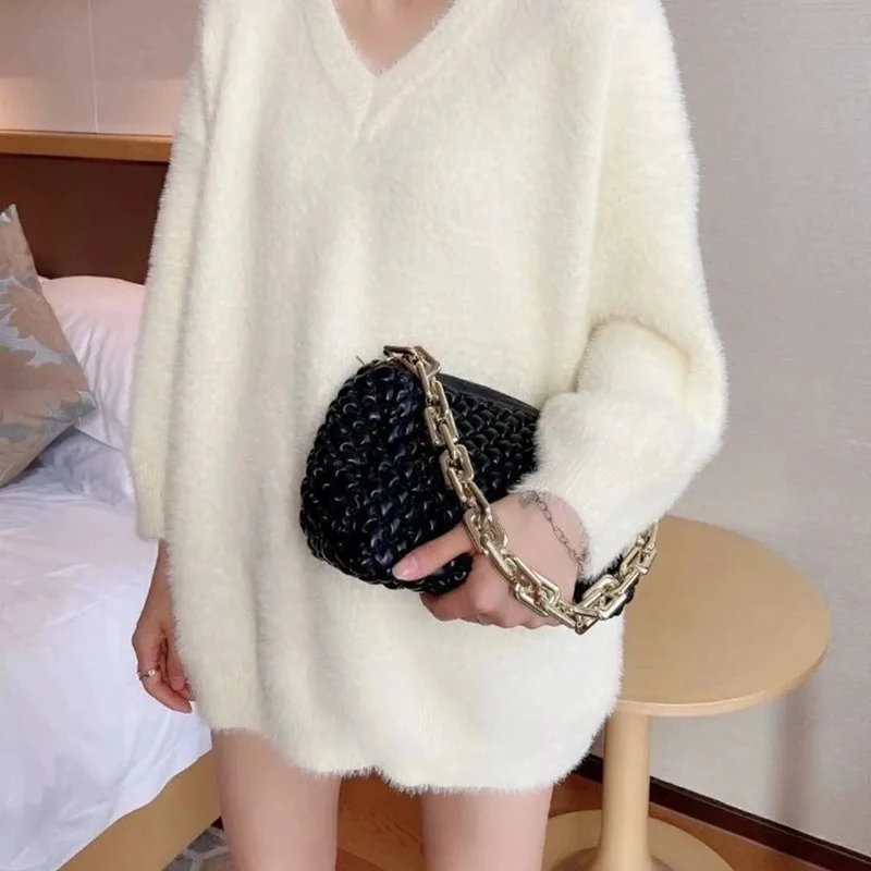 Elegant Sexy V-neck Imitation Mink Velvet Knitting Pullovers Autumn Winter Thick Loose Long Sleeve Midi Sweater 2023 White Tops