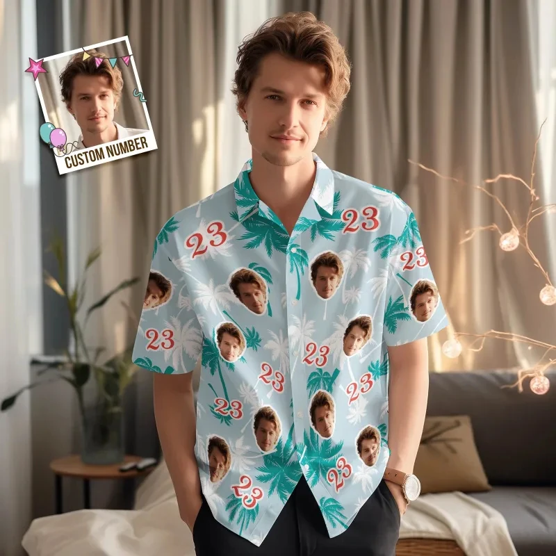 

Custom Face And Age Hawaii Shirt Personalized Palm Tree Pattern Aloha Shirt Short Sleeve Button Down Shirt For Birthday Parties