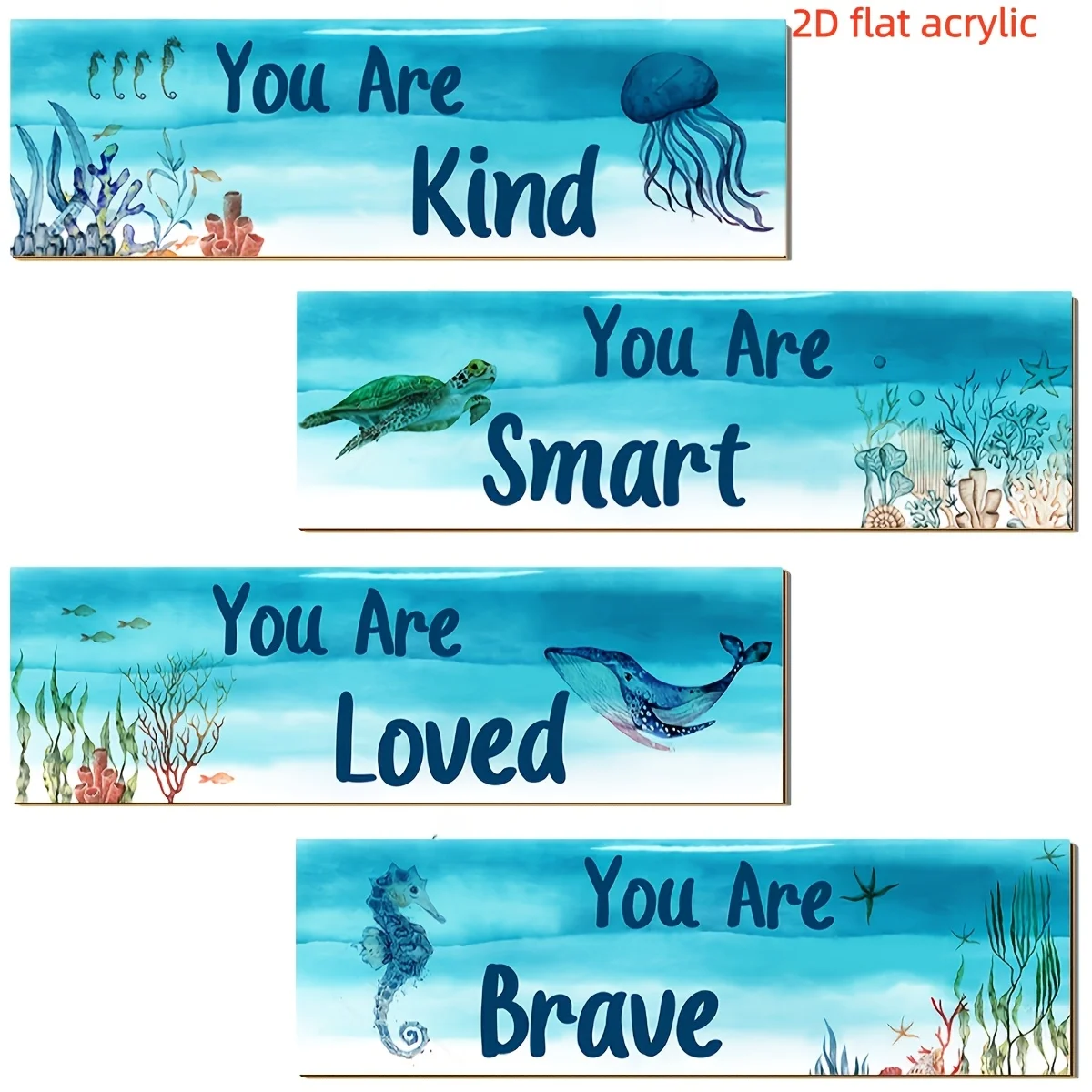 2D Flat Acrylic Ocean Animal Wall Signs Set, Inspirational Quote You Are Kind Smart Loved Brave Bathroom Wall Decor, Underwater