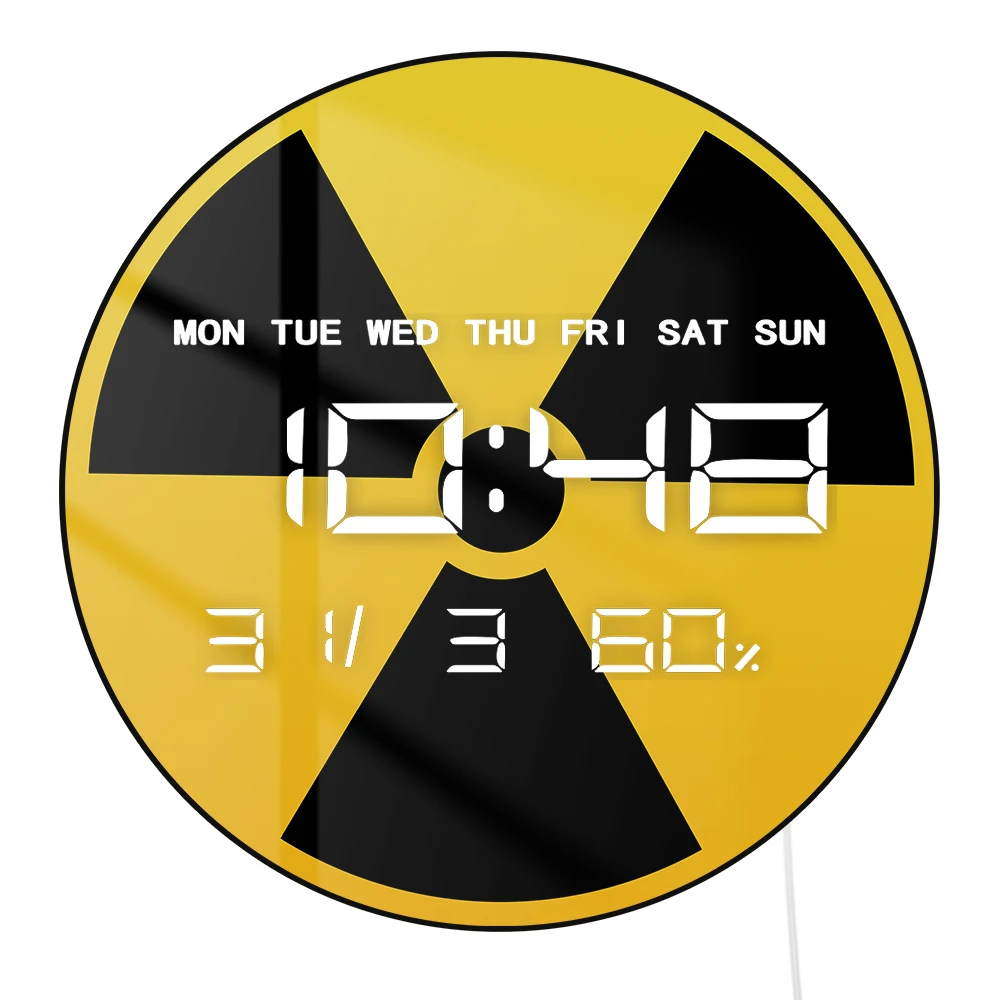 Nuclear Radiation Warning Sign LED Digital Wall Clock with Calendar Temperature Auto Dimming 12/24hr Format Electric Wall Clock