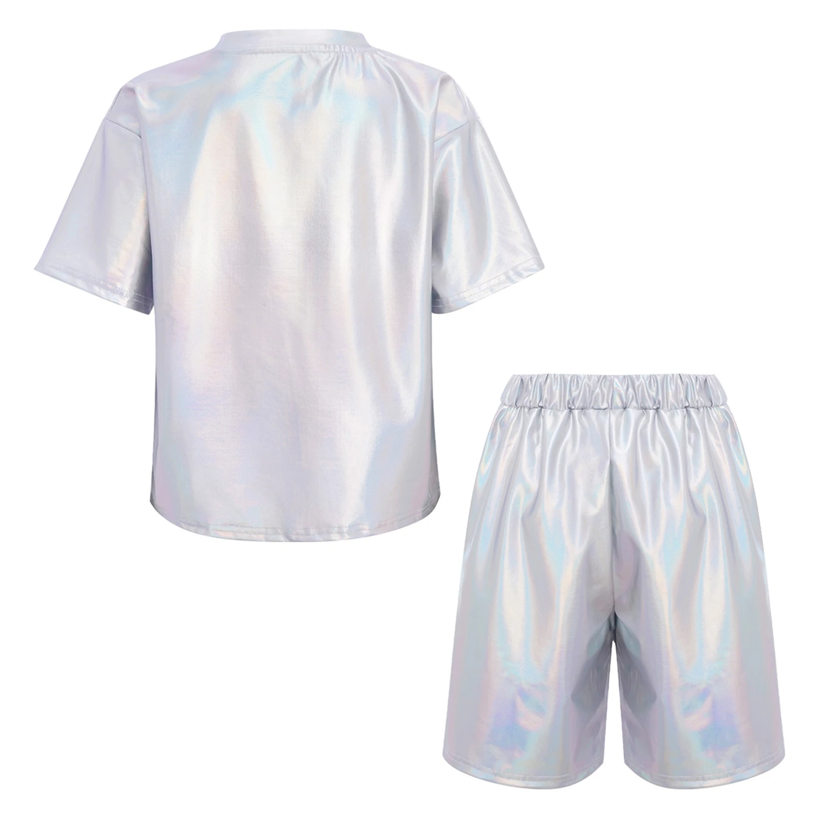 Boys 2 Pieces Metallic Outfit Hip Hop Jazz Dance Costume Round Neck Short Sleeve T-shirt with Shorts for Stage Performance Party