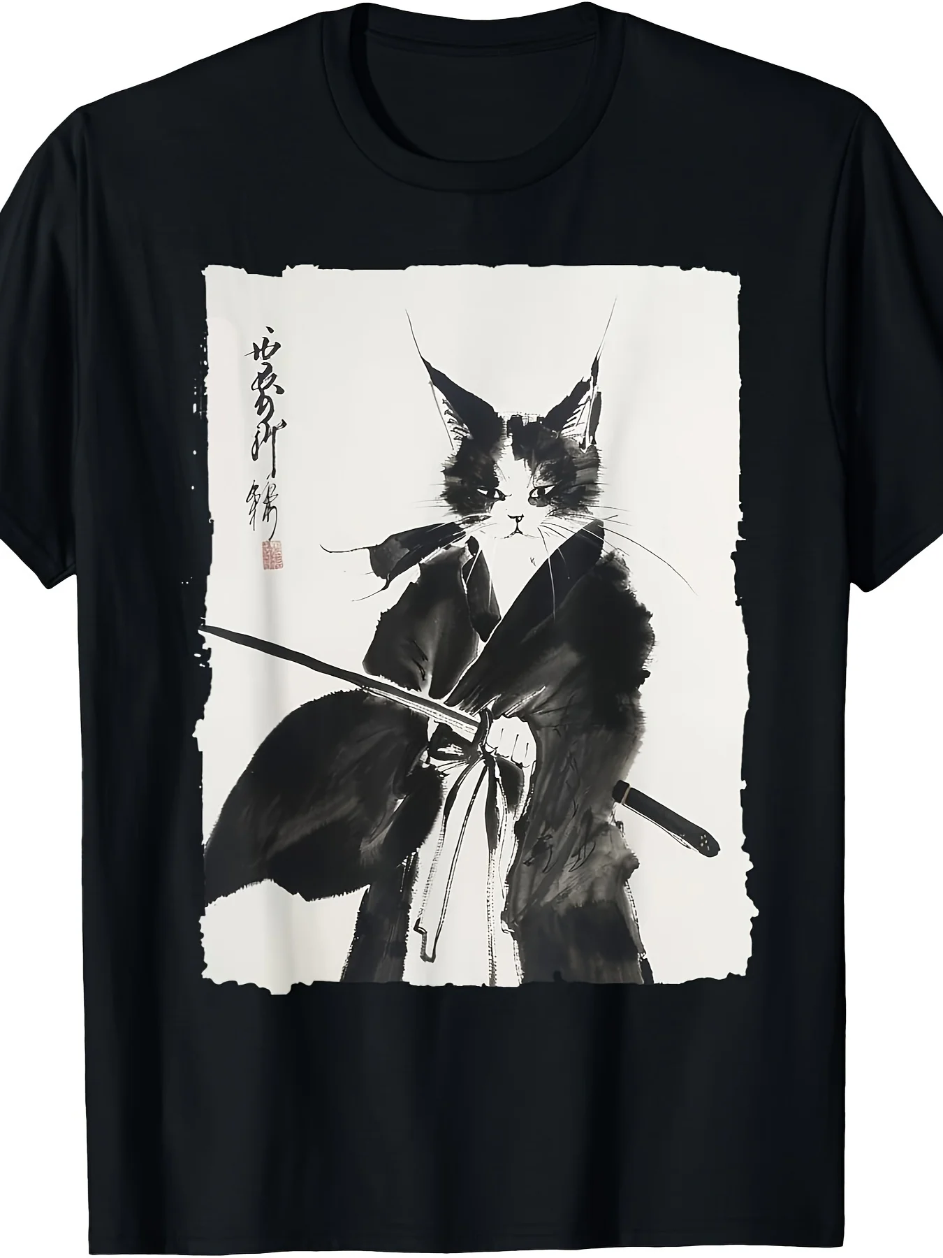 Samurai Cat Tee Vintage Ukiyo-e Warrior Art Graphic Cat Art T-Shirt  Fashion Tshirt Round Neck Short Sleeve Regular Fit