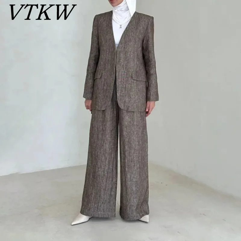 

VTKW Women's Blazer - Buttonless Blazer & Pants 2PC Set Made Of Linen, V-neck Design, Casual Style, No Buttons Spring/Summer Set