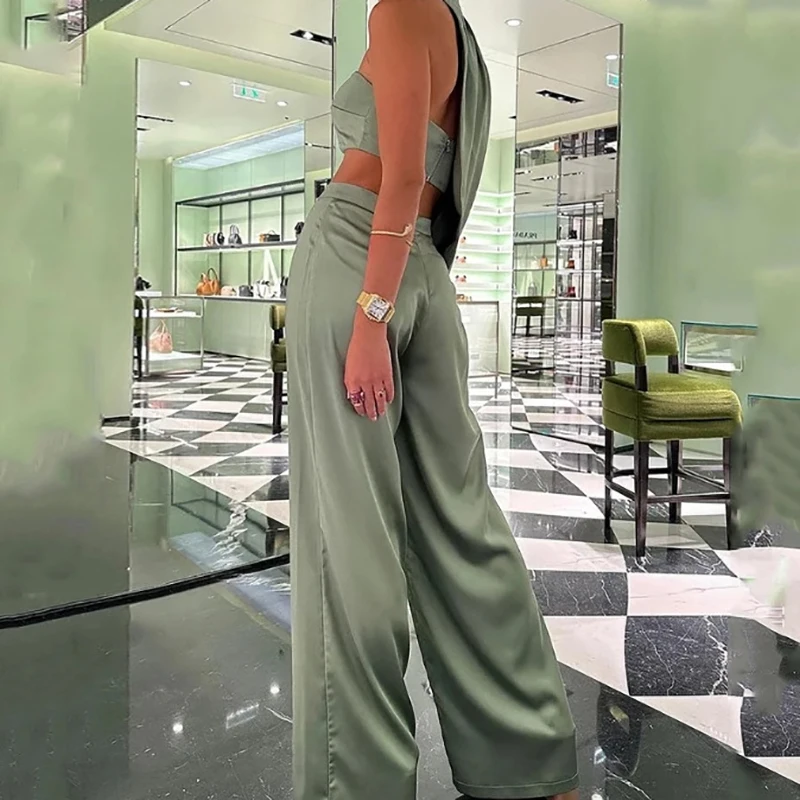 Women Elegant Solid Satin Two Piece Set Spring Halter One-shoulder Crop Top & High Waist Pants Outfits Summer Hollow Office Suit