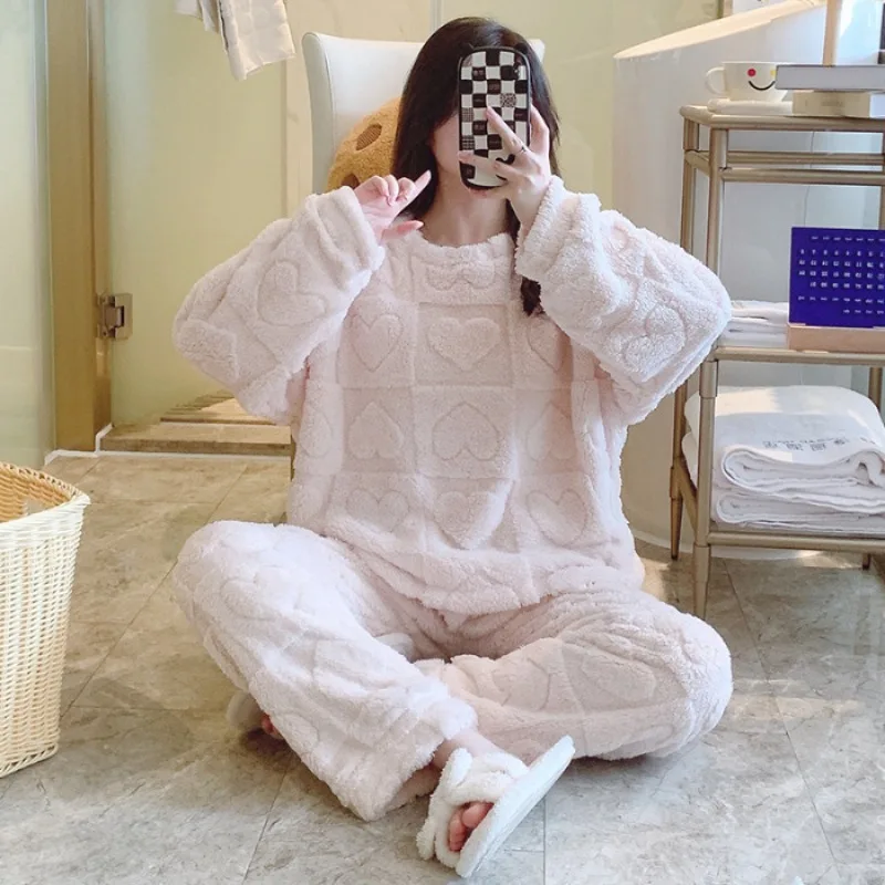 5XL Oversized Plush Pajamas Set Women's Coral Fleece Autumn Winter Warm Home Clothes Sweet Long Sleeves Loose Thickened Outwear