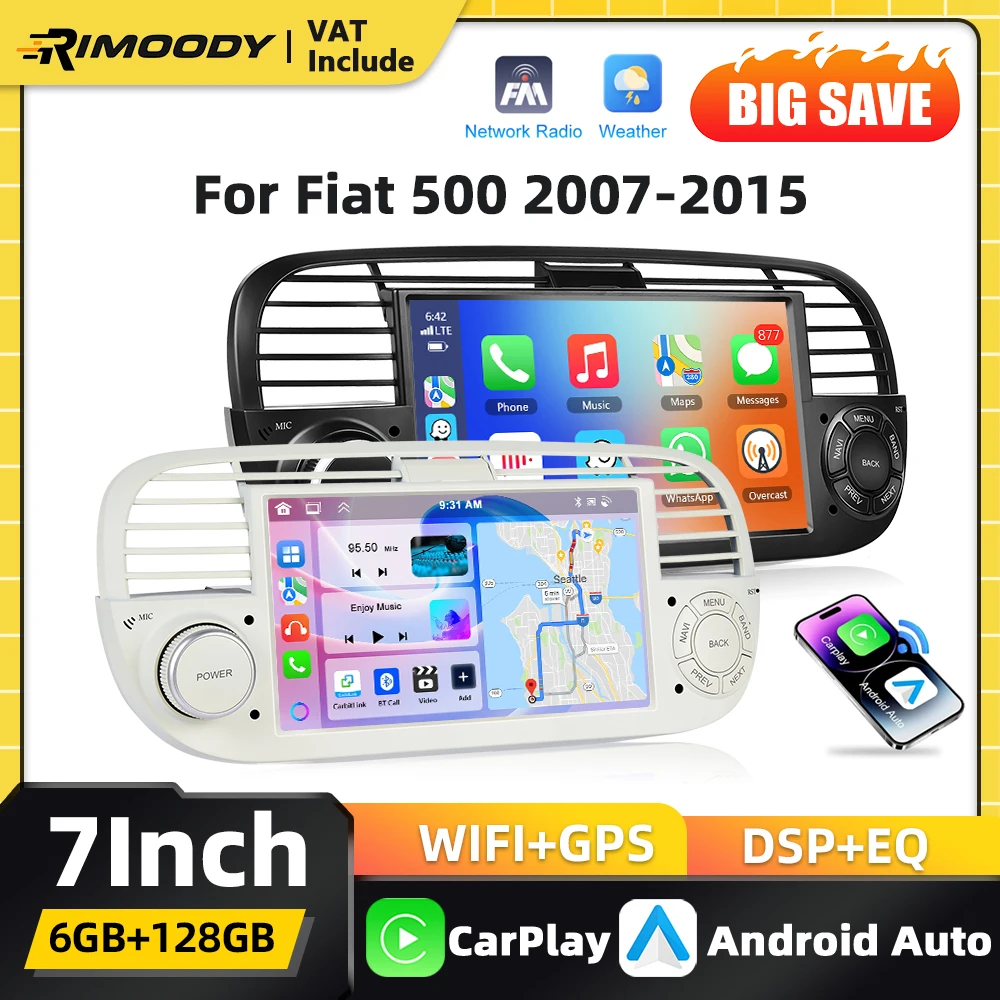 Rimoody Carplay 2Din Android lecteur multimédia de voiture pour Fiat 500 2007-2015 système Intelligent de voiture Navigation GPS FM/RDS WIFI BT