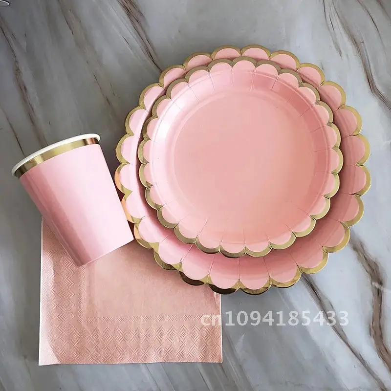 40pcs/set Yellow Green Pink Blue Paper Plates Cups Disposable Tableware Set for Wedding Birthday Party Baby Shower Supplies