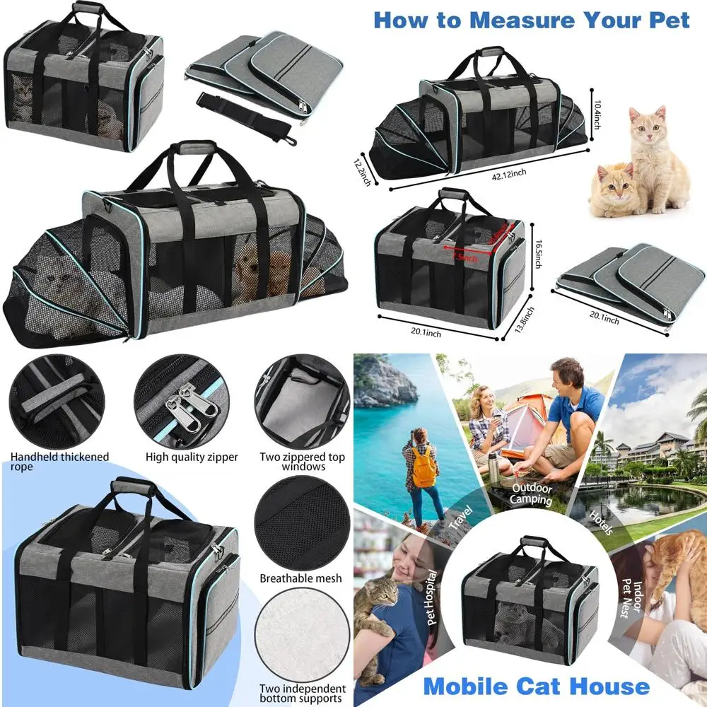 

Dual-Compartment Pet Carrier for Cats & Dogs - Expandable, Sturdy, Breathable Carrier for Travel, Walking, Camping (Blue)